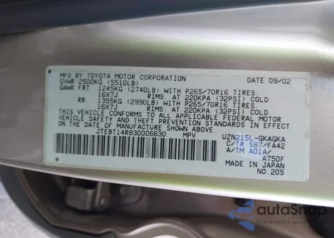 2003 Toyota 4Runner Sr5 V8 z USA, uszkodzony, nr VIN JTEBT14R830006630